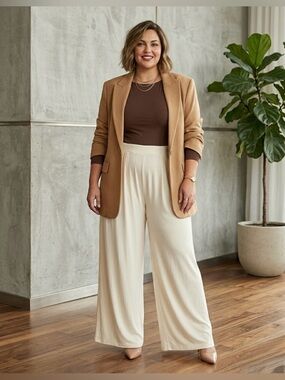 Chic Buttercream Self-Double Layer Wide-Leg Women's Pants